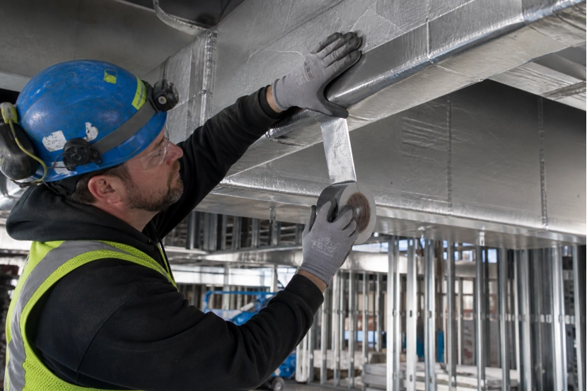 Worker sealing HVAC ductwork in progress