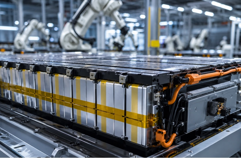 ev battery pack with thermally conductive adhesive tape in high-tech assembly line